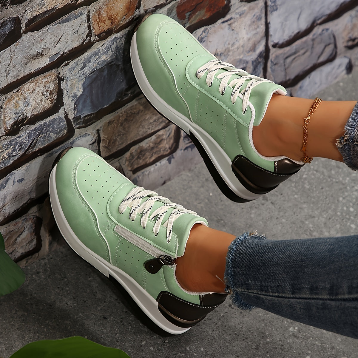 Women’s Cushioned Low-Top Sneakers | Perforated comfort with modern zipper detail